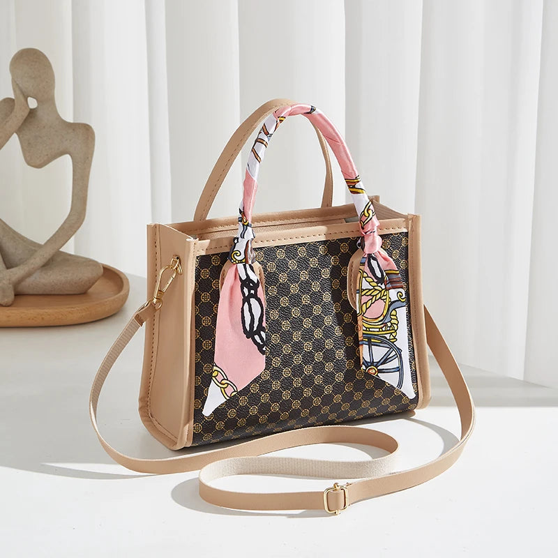 Classic Geometric Print Satchel Handbag with Crossbody Strap and Twilly Scarf