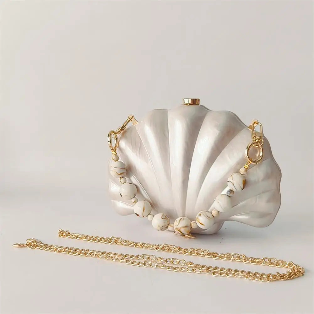 Elegant Pearlescent Seashell Evening Clutch Bag with Marble-Patterned Beaded Chain - Luxury Party Handbag
