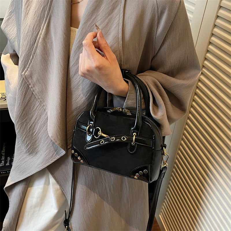 Dark Academia Chic Buckled Handbag with Gold Hardware