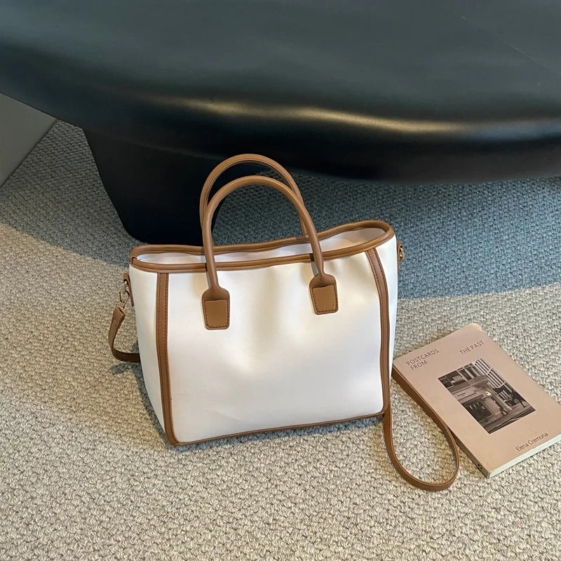 Two-Tone PU Leather Tote Bag with Adjustable Strap & Top Handles