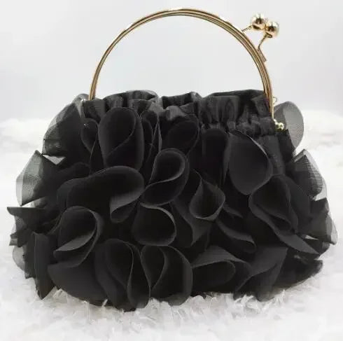 Elegant Floral Ruffle Organza Clutch & Handbag with Gold Metal Kiss-Lock Handle
