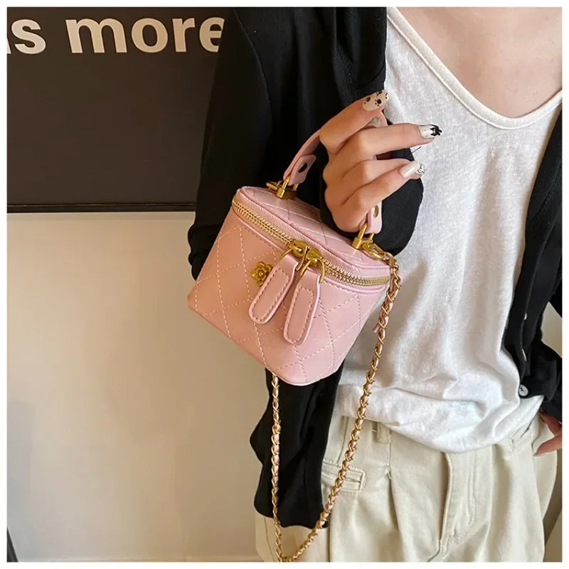 Cute Quilted Mini Vanity Box Bag with Gold Chain & Flower Detail