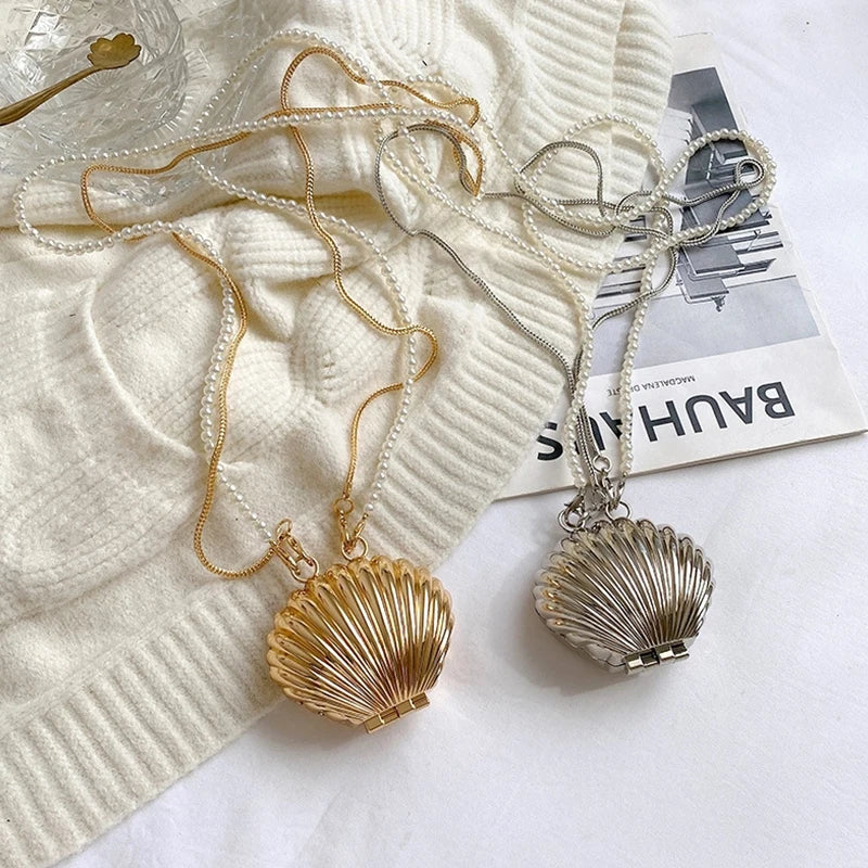 Luxury Golden & Silver Shell Minaudière Bag with Pearl Strap