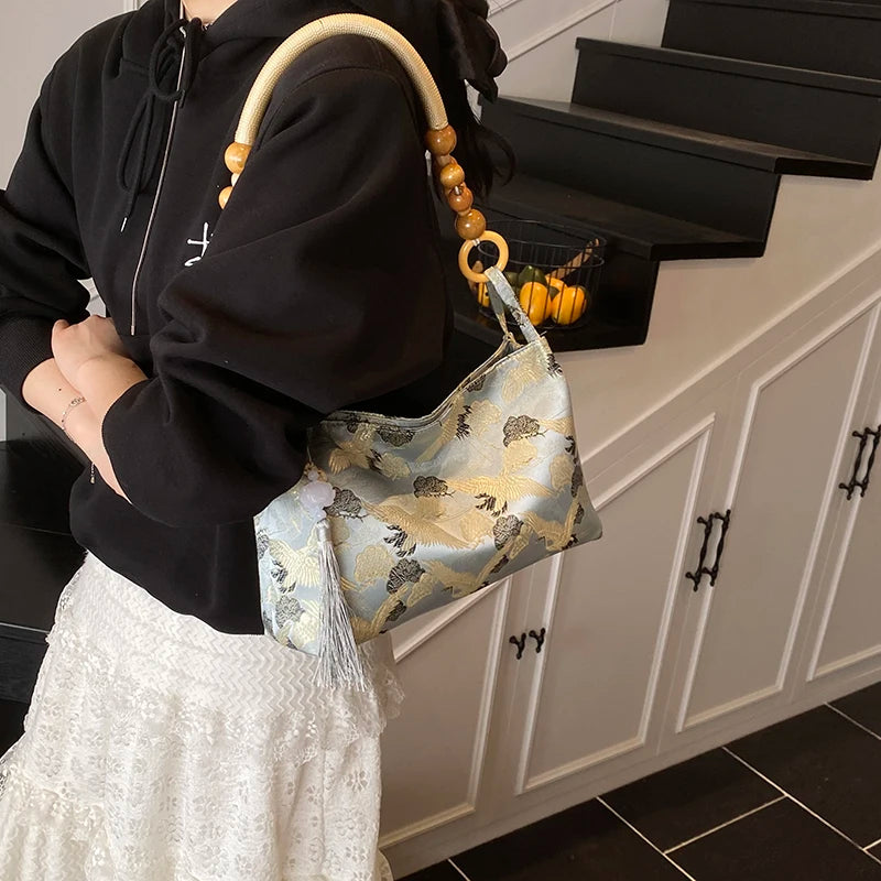 Vintage Embroidered Crane Ethnic Shoulder & Top Handle Bag with Wooden Beads