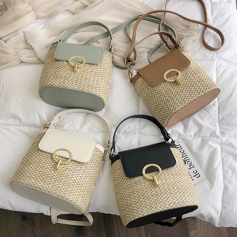 Boho Chic Straw & Leather Bucket Bag | Woven Top-Handle Crossbody Beach Bag