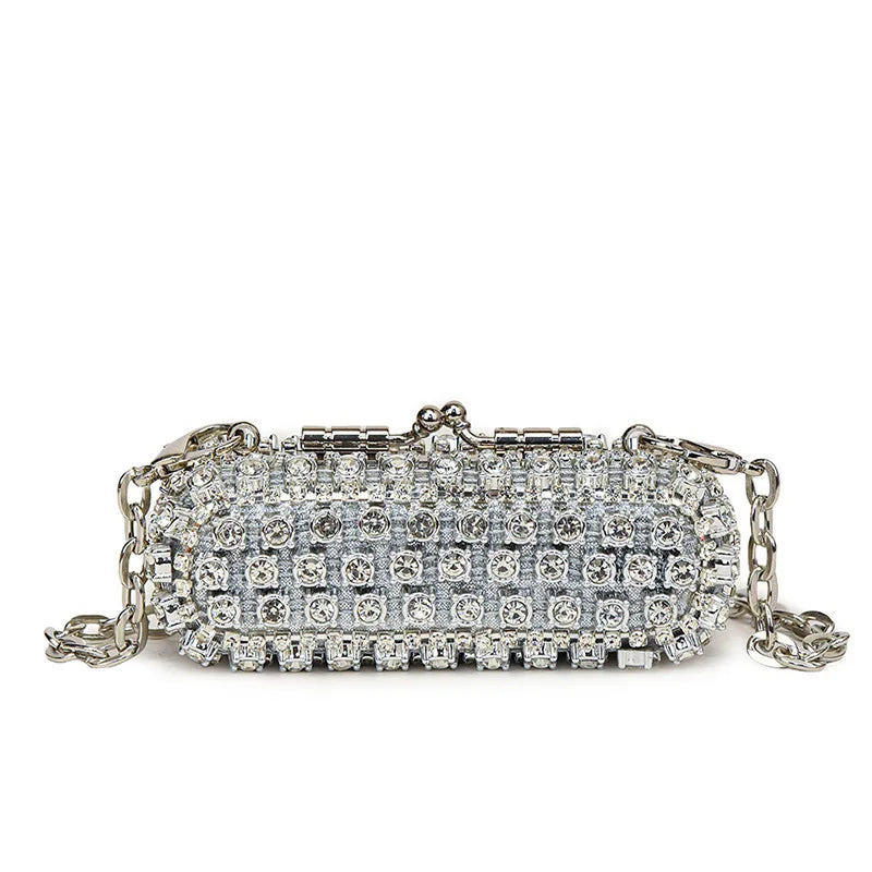 Sparkling Crystal Embellished Mini Cylinder Clutch | Party Wear Gold Handbag with Chain