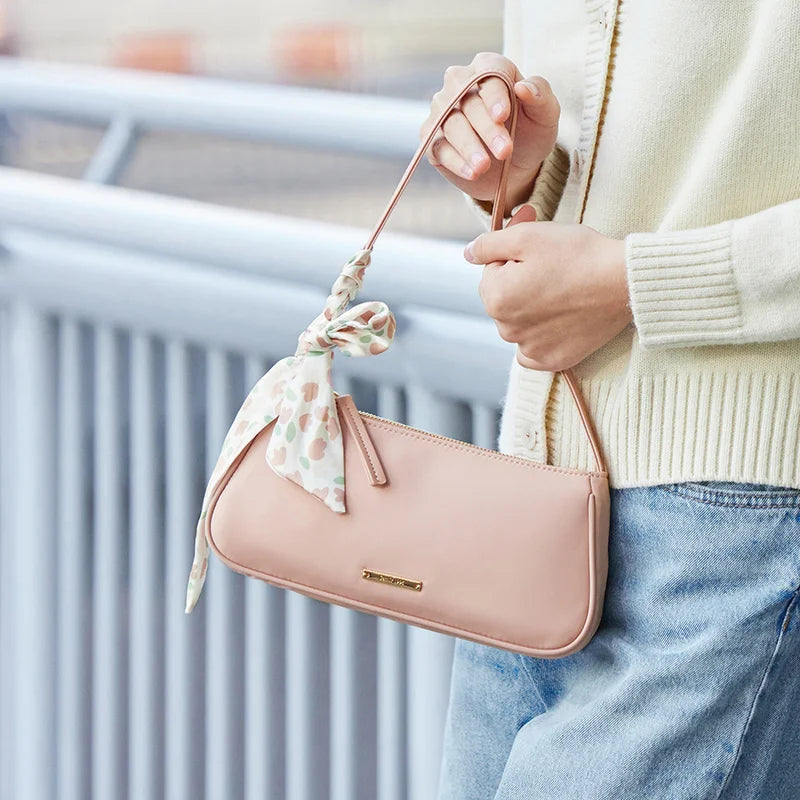 Chic Minimalist Faux Leather Underarm Bag - Elegant Casual Shoulder Handbag with Silk Scarf Accessory