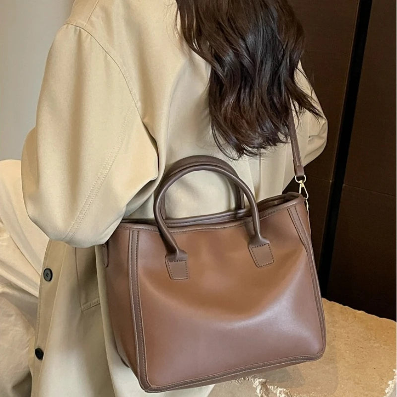 Two-Tone PU Leather Tote Bag with Adjustable Strap & Top Handles