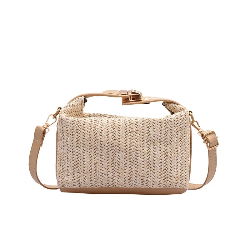 Boho Summer Straw Woven Crossbody Bag – Casual Beach Shoulder Bag with Leather Strap