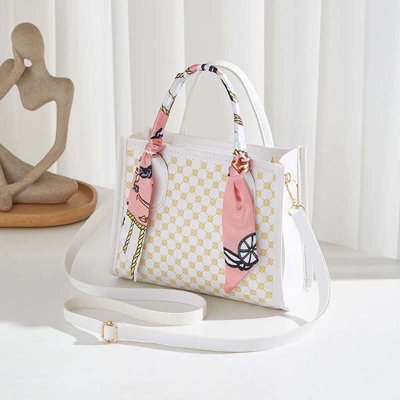 Classic Geometric Print Satchel Handbag with Crossbody Strap and Twilly Scarf