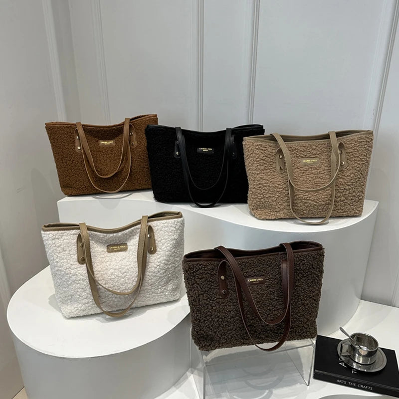 Cozy Brown Fuffly Sherpa Tote Bag with Leather Trim