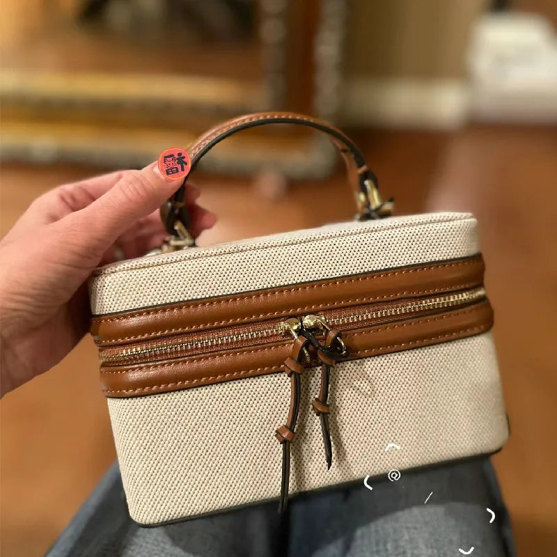 Minimalist Cream Canvas Box Bag with Leather Accents
