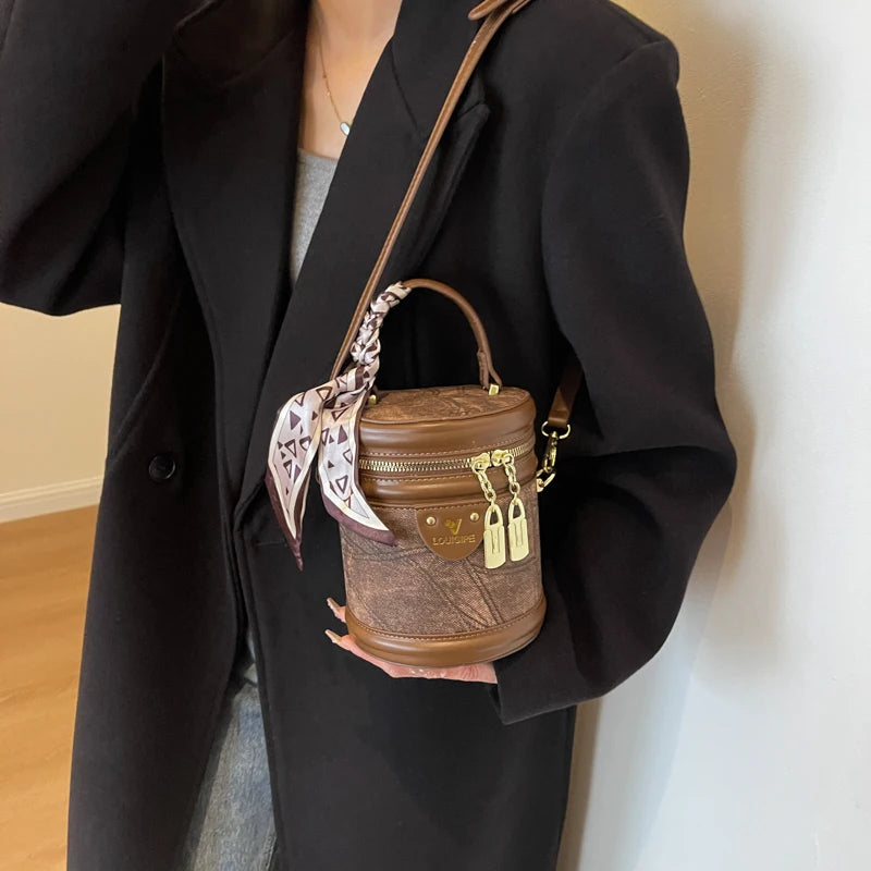 Trendy Round Bucket Crossbody Bag with Top Handle & Scarf Detail