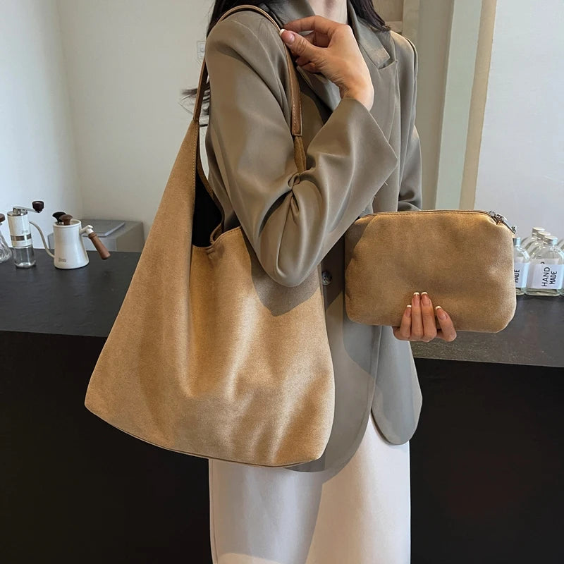 Vintage Brown Suede Casual Tote & Large Capacity Shoulder Bag
