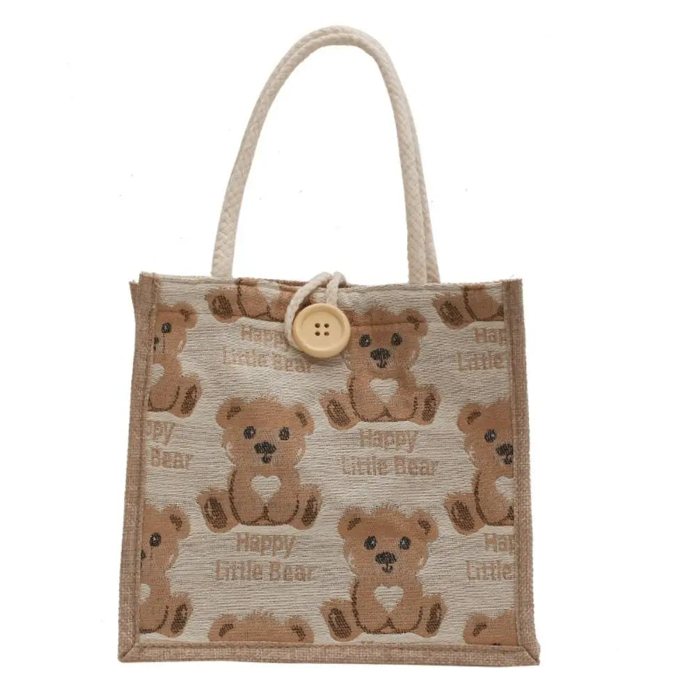 Adorable "Happy Little Bear" Print Jute and Canvas Tote Bag Featuring Soft Rope Handles and Cute Wooden Button Closure for Women and Girls