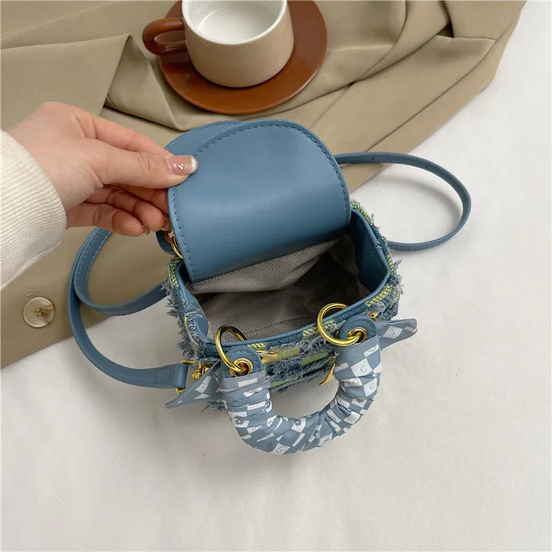 Chic Tweed Mini Crossbody Bag with Scarf Handle & Gold Charm - Stylish Women's Small Handbag