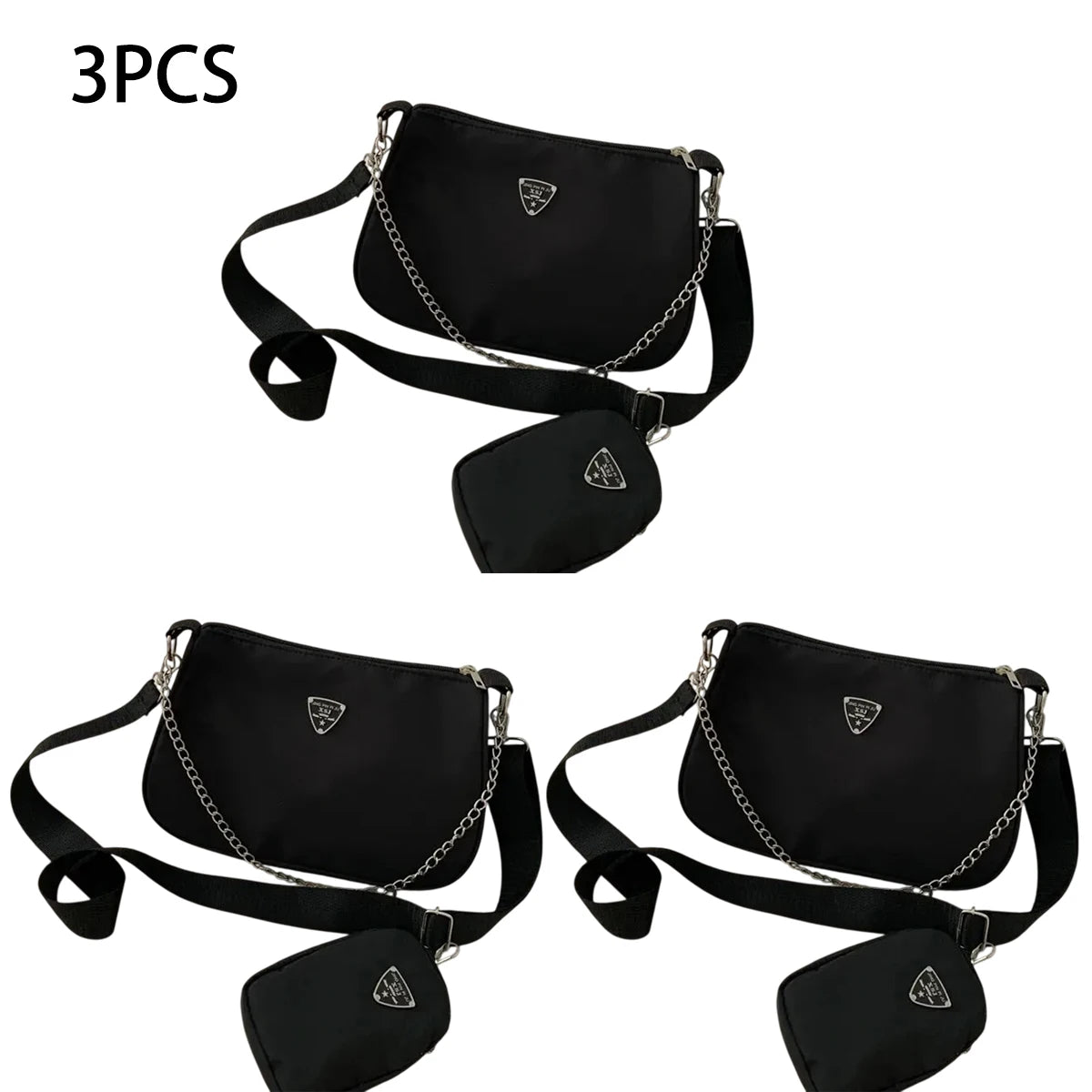 Trendy Black Nylon Crossbody Shoulder Bag with Detachable Chain & Small Coin Pouch