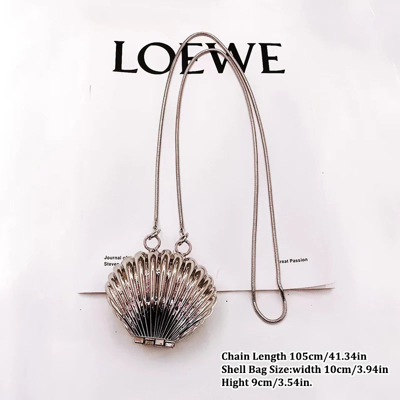Luxury Golden & Silver Shell Minaudière Bag with Pearl Strap