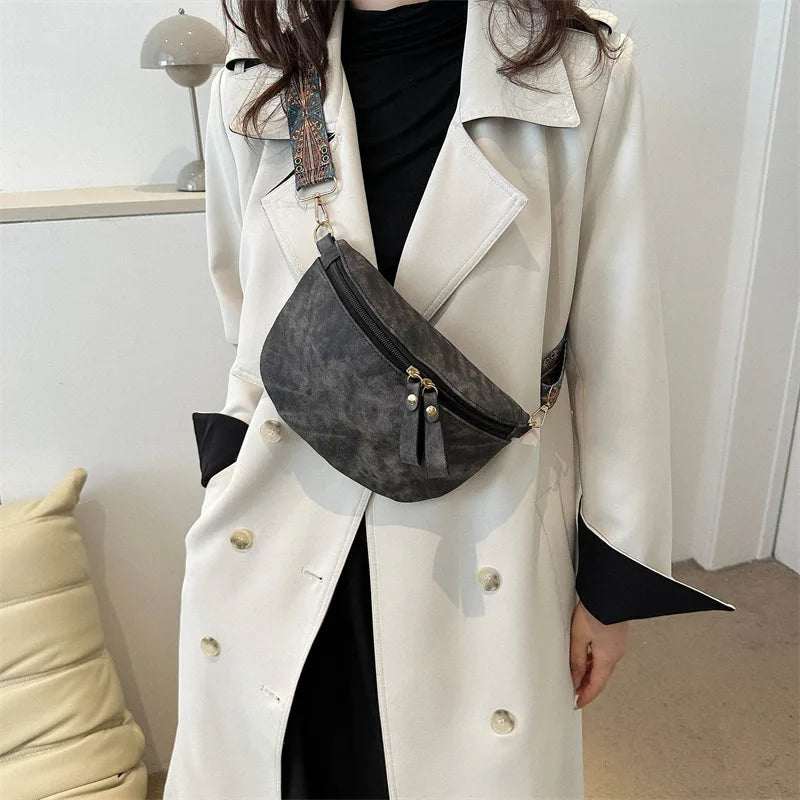 Casual Distressed Faux Leather Fanny Pack & Wide-Strap Crossbody Chest Bag for Women