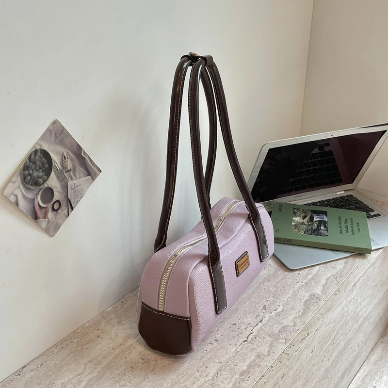 Chic Two-Tone Brown PU Leather Shoulder Bag – Vintage Style Women's Handbag & Boston Satchel