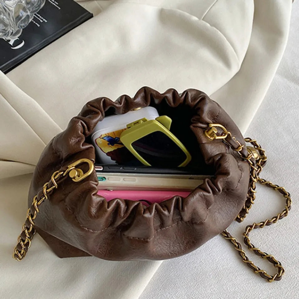 Trendy Soft Faux Leather Drawstring Clutch – Women's Crossbody Chain Bag