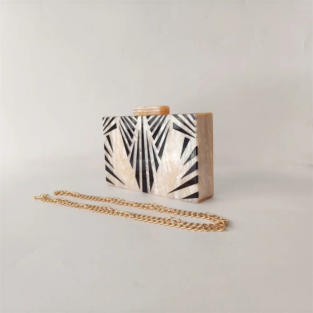 Elegant Marble Pattern Acrylic Box Clutch | Party Wear Handbag with Statement Beads Chain