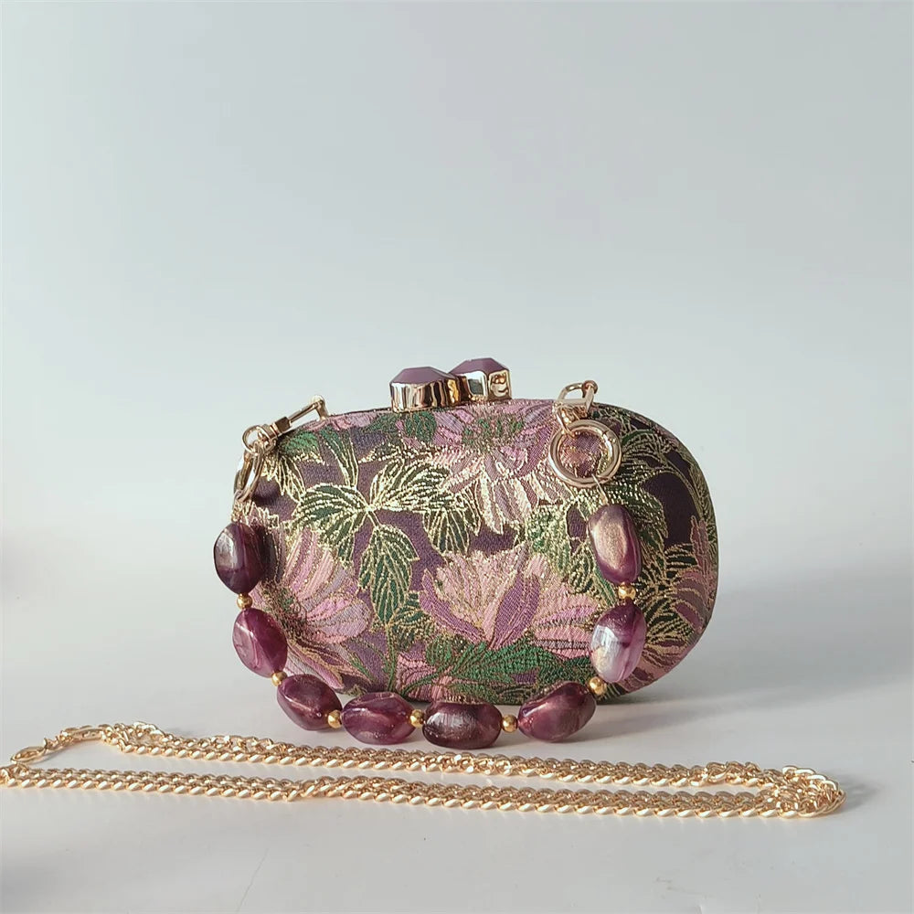 Elegant Floral Embroidered Hard Case Evening Clutch with Beaded Handle