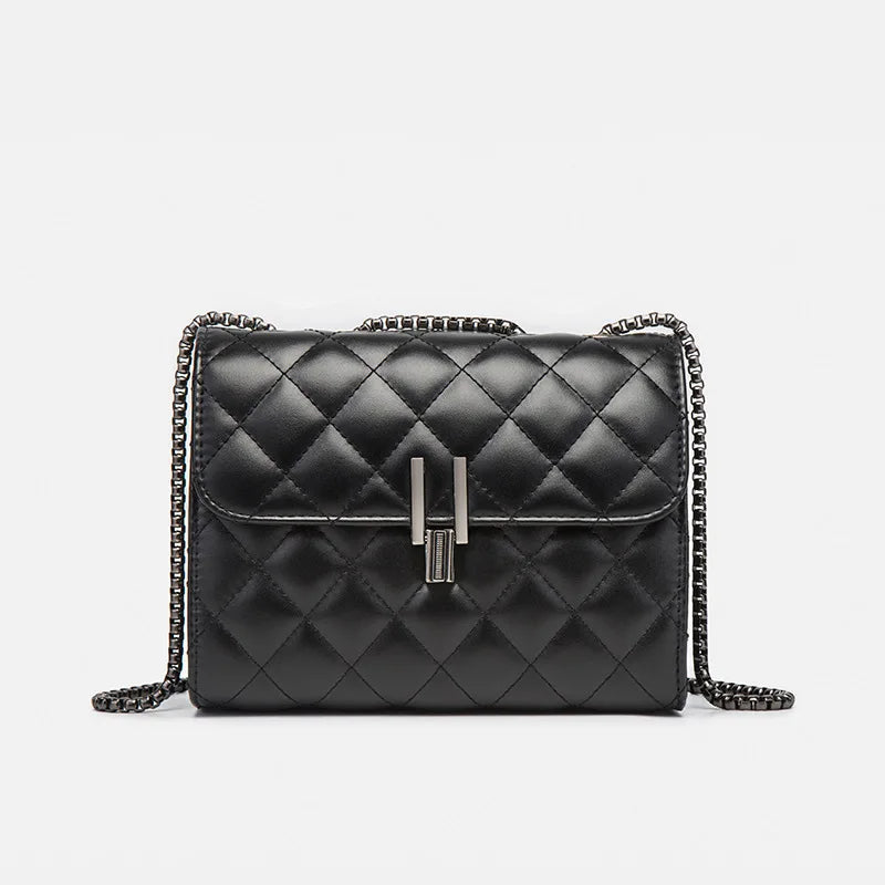 Luxurious Designer-Inspired Quilted Black PU Leather Shoulder Bag Featuring Sleek Gunmetal Chain Strap and Modern Metallic Lock Closure for Women