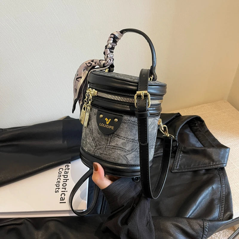 Trendy Round Bucket Crossbody Bag with Top Handle & Scarf Detail