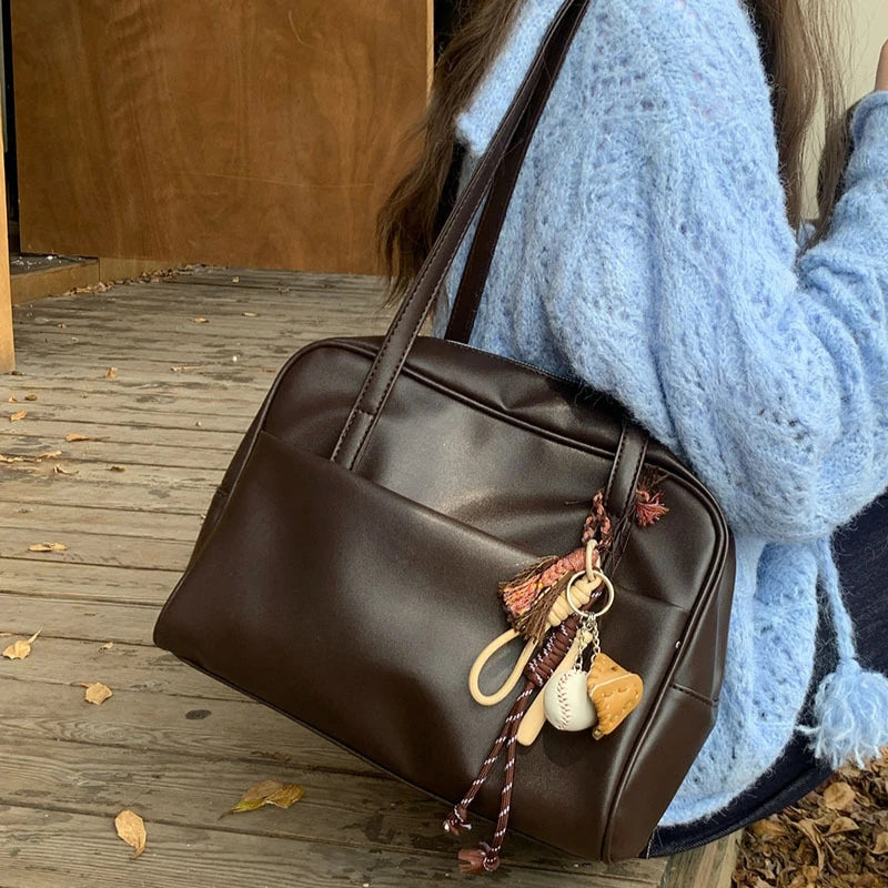 Vintage Dark Brown Leather Shoulder Bag | Retro Boston Duffel Tote with Cute Charm