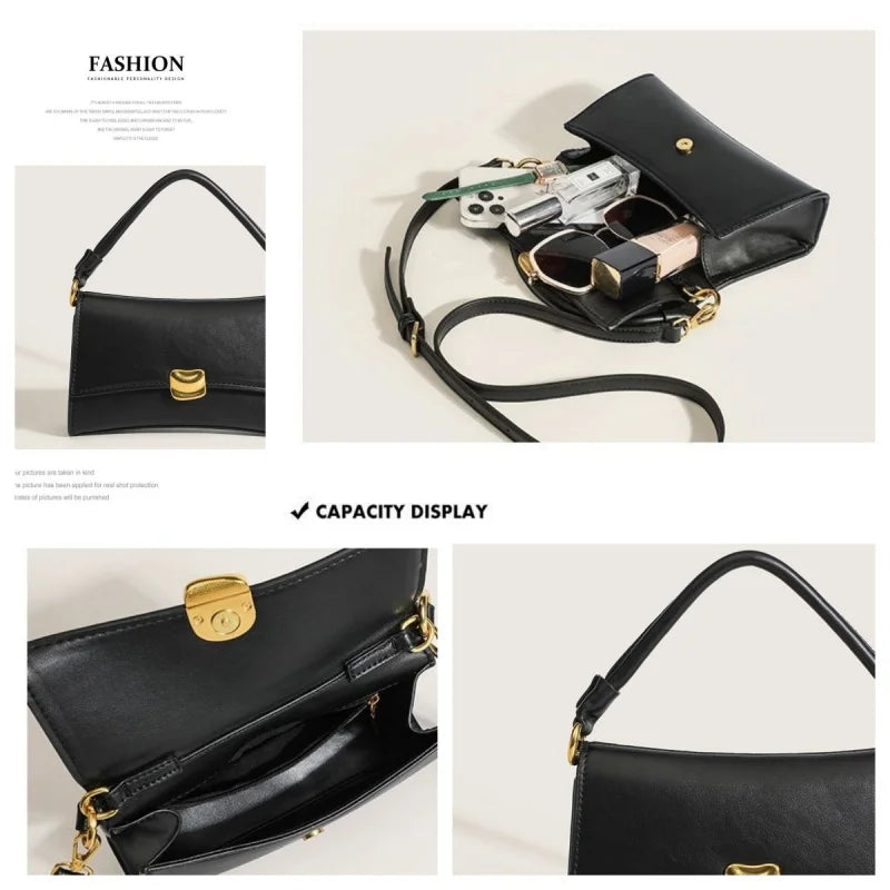 Chic Black PU Leather Shoulder Bag for Women | Elegant Underarm Bag with Gold Hardware & Lock Buckle