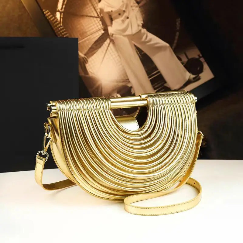 Luxury Metallic Gold Pleated Half-Moon Evening Clutch & Crossbody Bag