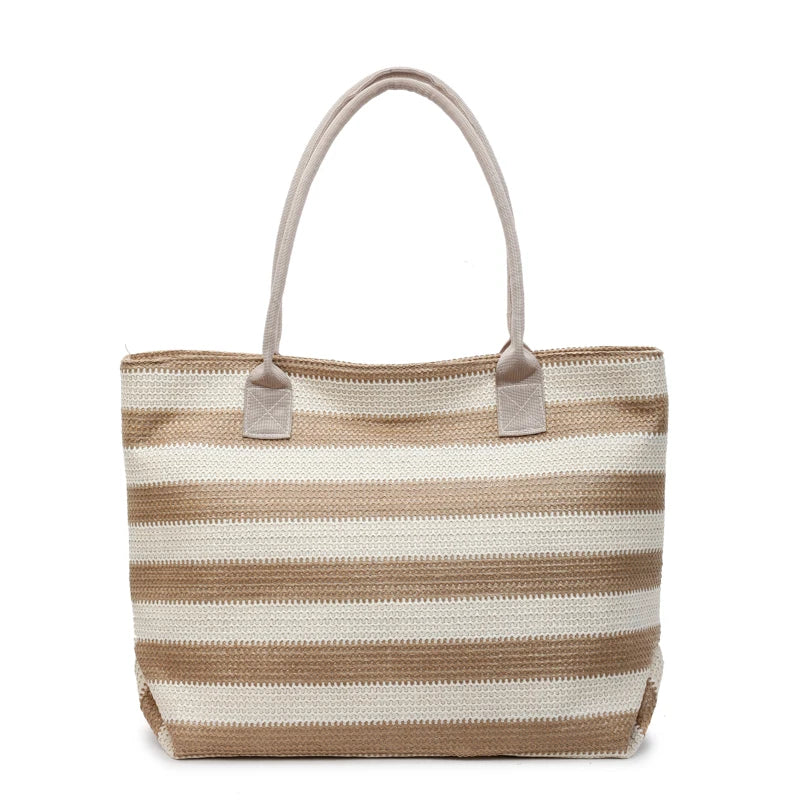 Summer Vacation Striped Straw Handbag with PU Leather Straps