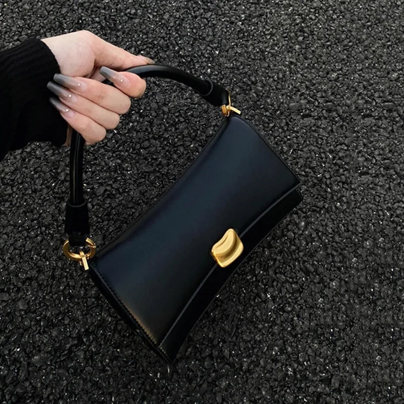 Chic Black PU Leather Shoulder Bag for Women | Elegant Underarm Bag with Gold Hardware & Lock Buckle