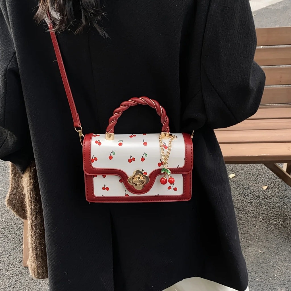 Sweet Cherry Print Mini Crossbody Bag with Twisted Handle and Charm