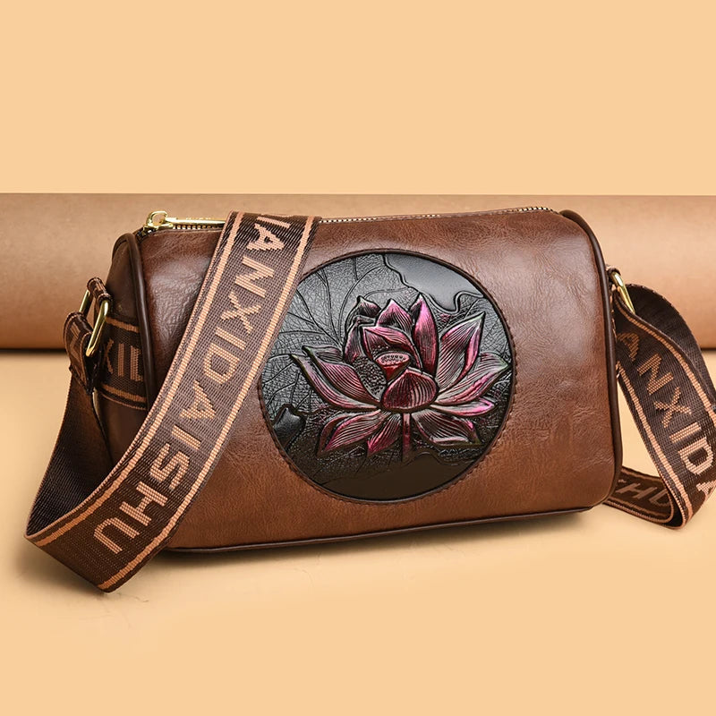 Vintage Embossed Lotus Flower Barrel Bag – Chic Wide-Strap Crossbody & Shoulder Bag for Women
