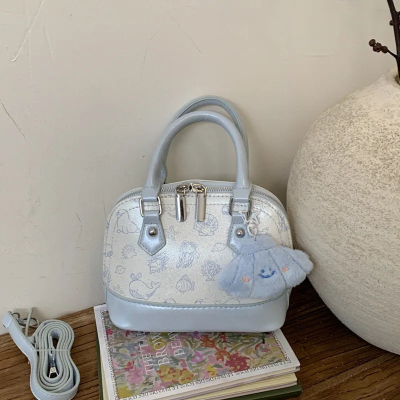 Cute Underarm Mini Shell Bag with Plush Pendant