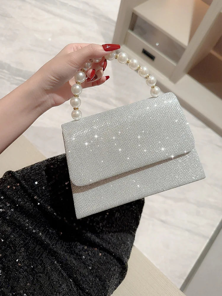 Aura Bags Sparkling Silver Glitter Evening Clutch with Elegant Faux Pearl Handle