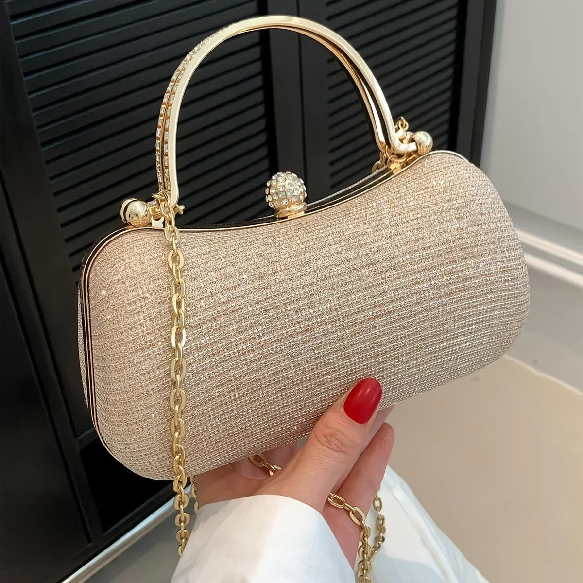 Elegant Champagne Gold Glitter Party Handbag with Chain Strap