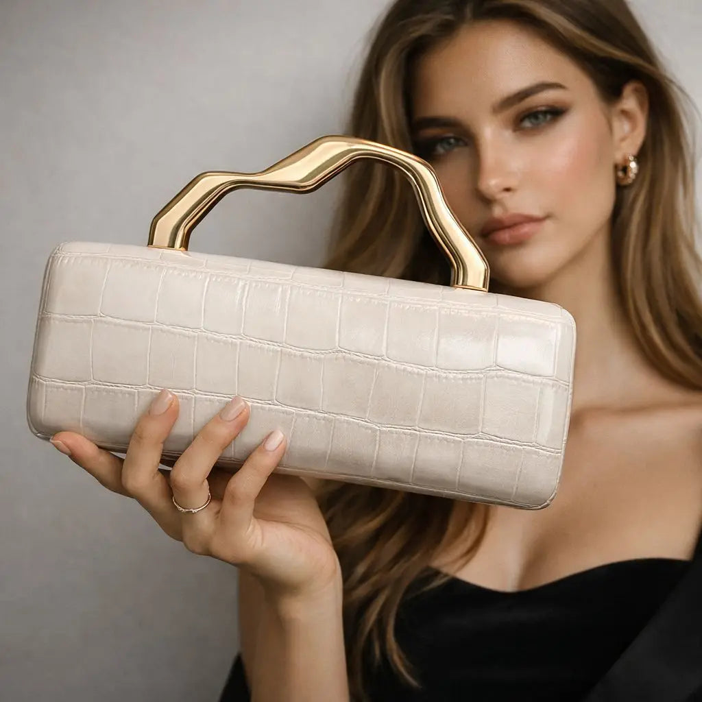 Luxurious Crocodile Texture Evening Clutch Bag for Women | Elegant Gold Metal Handle Party Purse & Crossbody