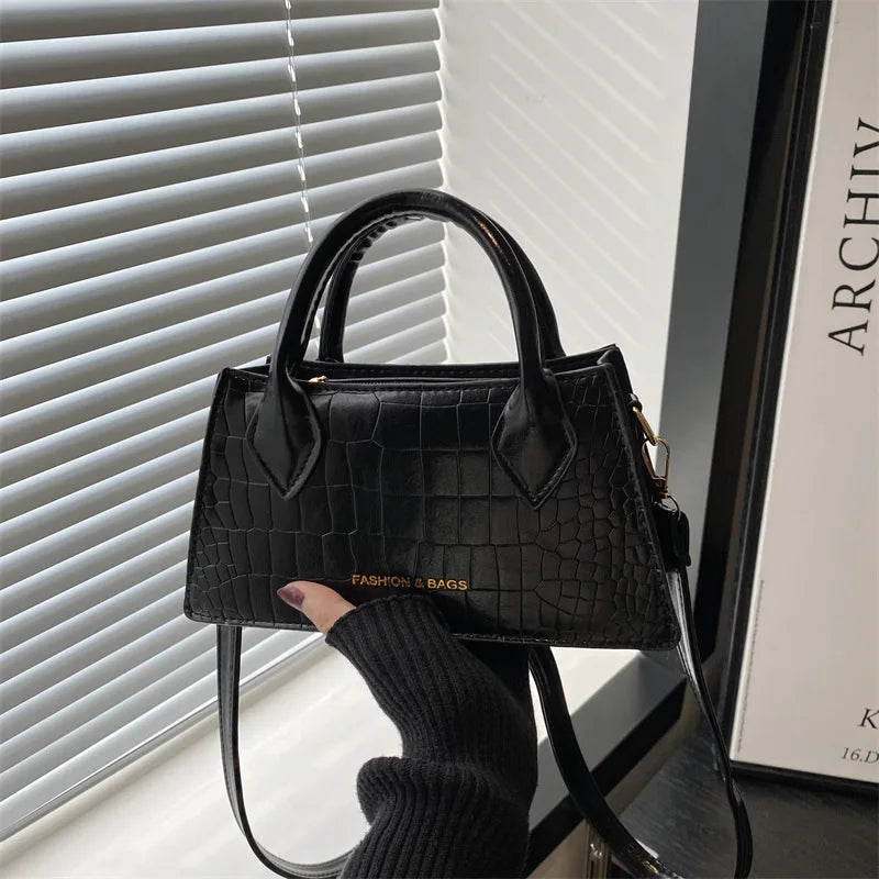Elegant Retro Crocodile Pattern Top-Handle Satchel with Letter Print