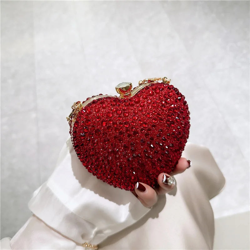 Glamorous Heart-Shaped Rhinestone Evening Clutch and Party Handbag with Gold Handle