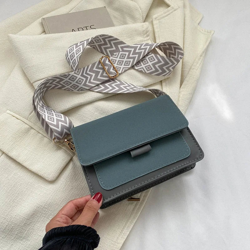 Modern Light Blue & Grey Flap Crossbody Bag with Wide Patterned Guitar Strap
