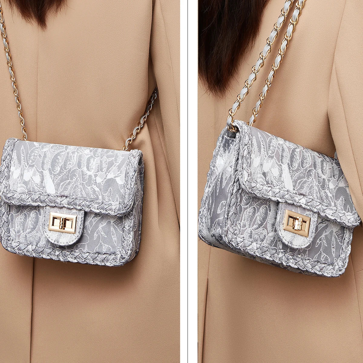 Chic Silver Jacquard Chain Flap Bag