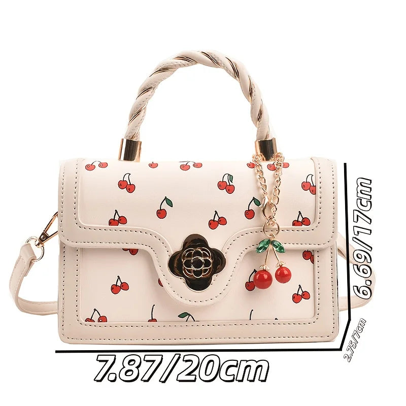 Sweet Cherry Print Mini Crossbody Bag with Twisted Handle and Charm