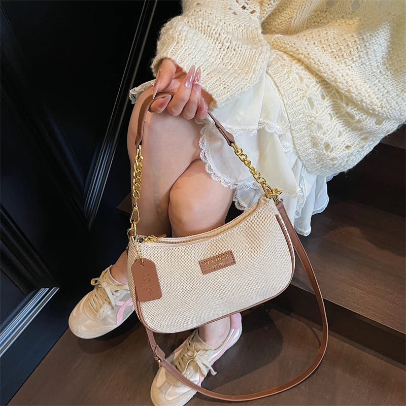 Chic Textured Canvas & Leatherette Shoulder Bag with Gold Chain Strap