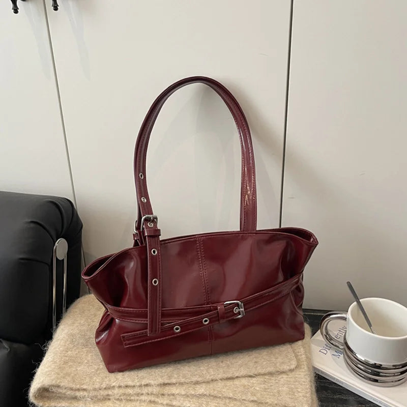 Vintage Wine Red Patent Leather Tote Bag | Stylish Buckle Strap Handbag with Eyelet Details