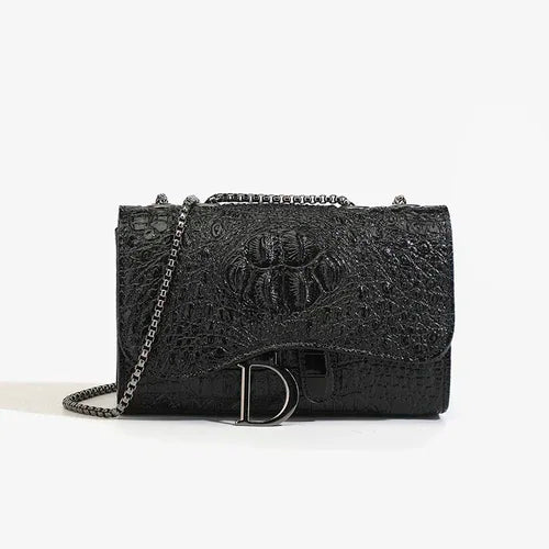 Aura Bags Luxury Crocodile Embossed Flap Shoulder Bag with Metallic Chain