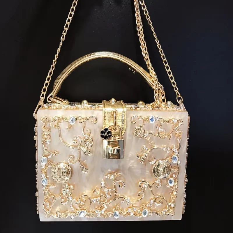 Luxury Blue & Gold Filigree Designer Party Wear Hard Case Clutch Bag