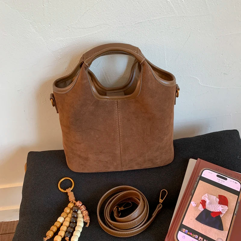 Vintage Suede Brown Tote & Crossbody Bag with Beaded Charm